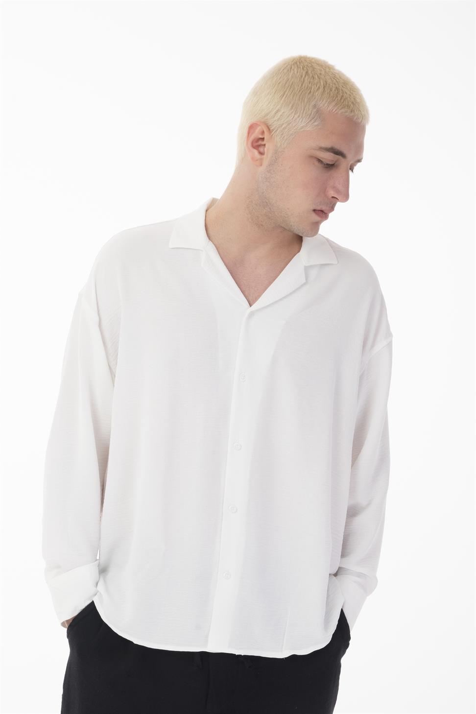 R-3575 Men’s Oversize Long Sleeve Polyester Aerobin Shirt – Cuban Collar, Relaxed Fit