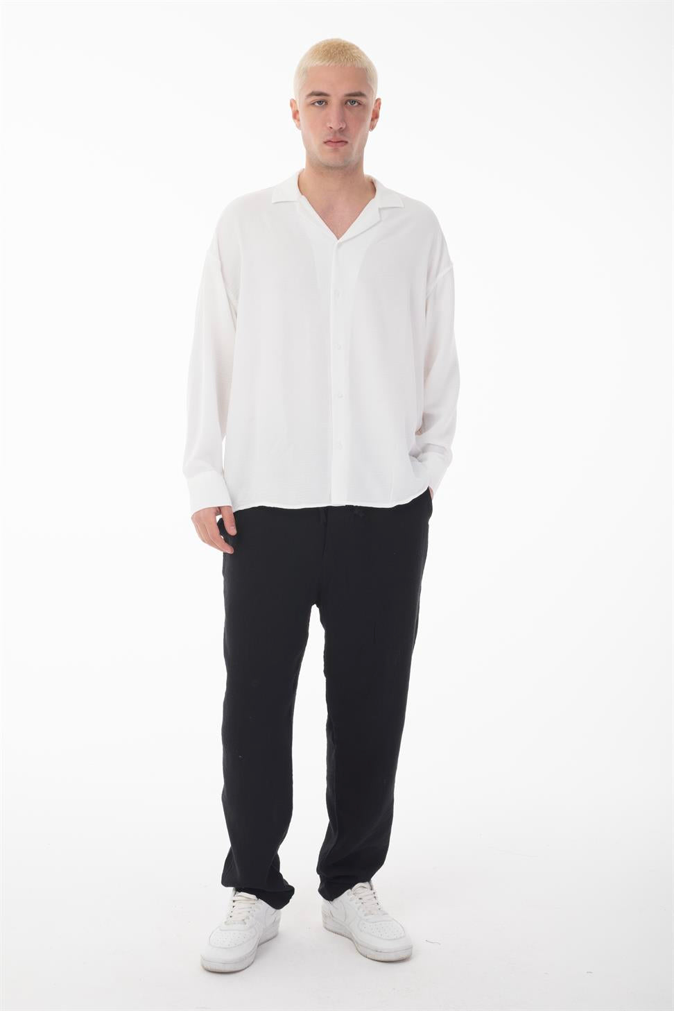 R-3575 Men’s Oversize Long Sleeve Polyester Aerobin Shirt – Cuban Collar, Relaxed Fit