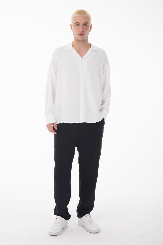 R-3575 Men’s Oversize Long Sleeve Polyester Aerobin Shirt – Cuban Collar, Relaxed Fit