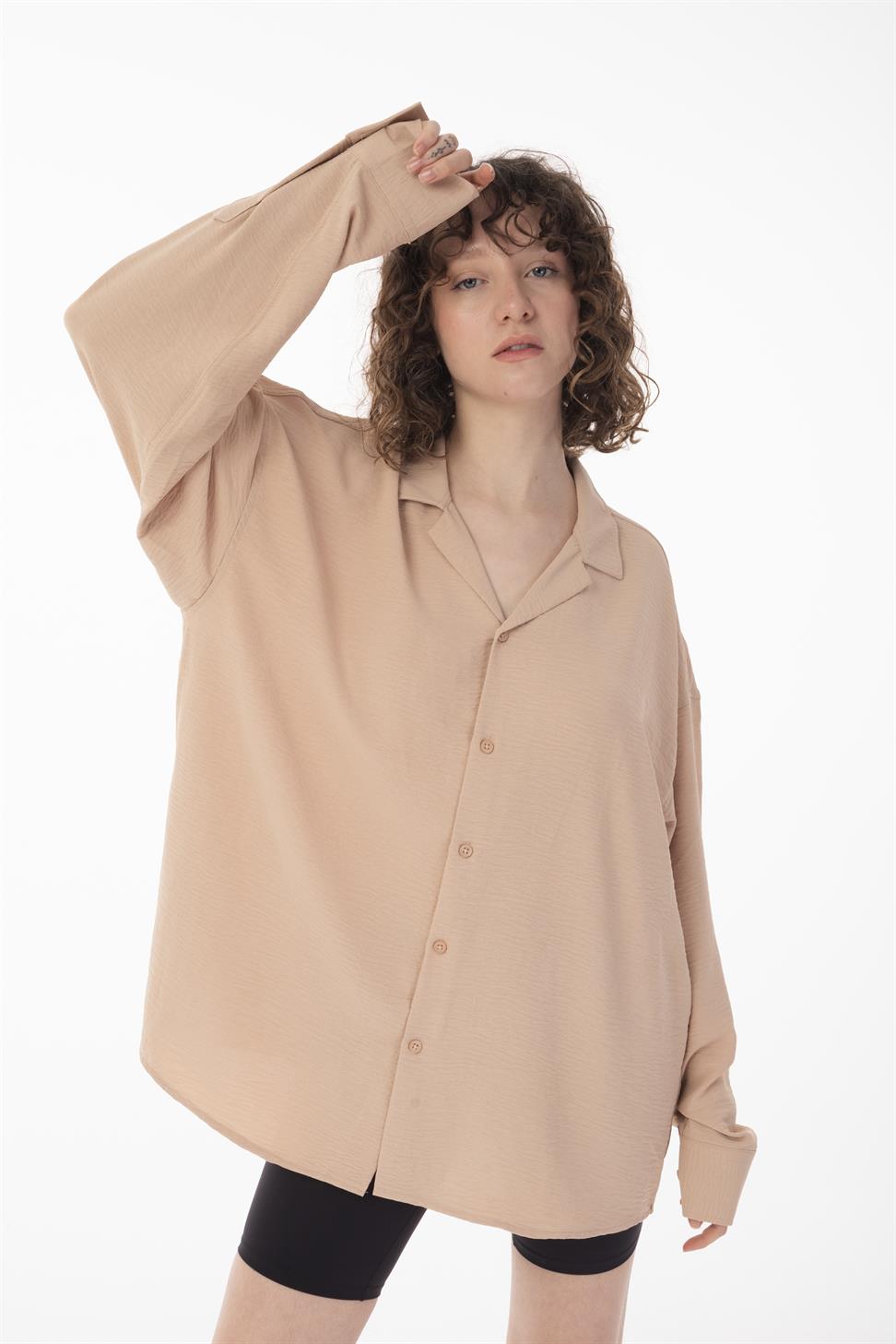 R-3575 Men’s Oversize Long Sleeve Polyester Aerobin Shirt – Cuban Collar, Relaxed Fit