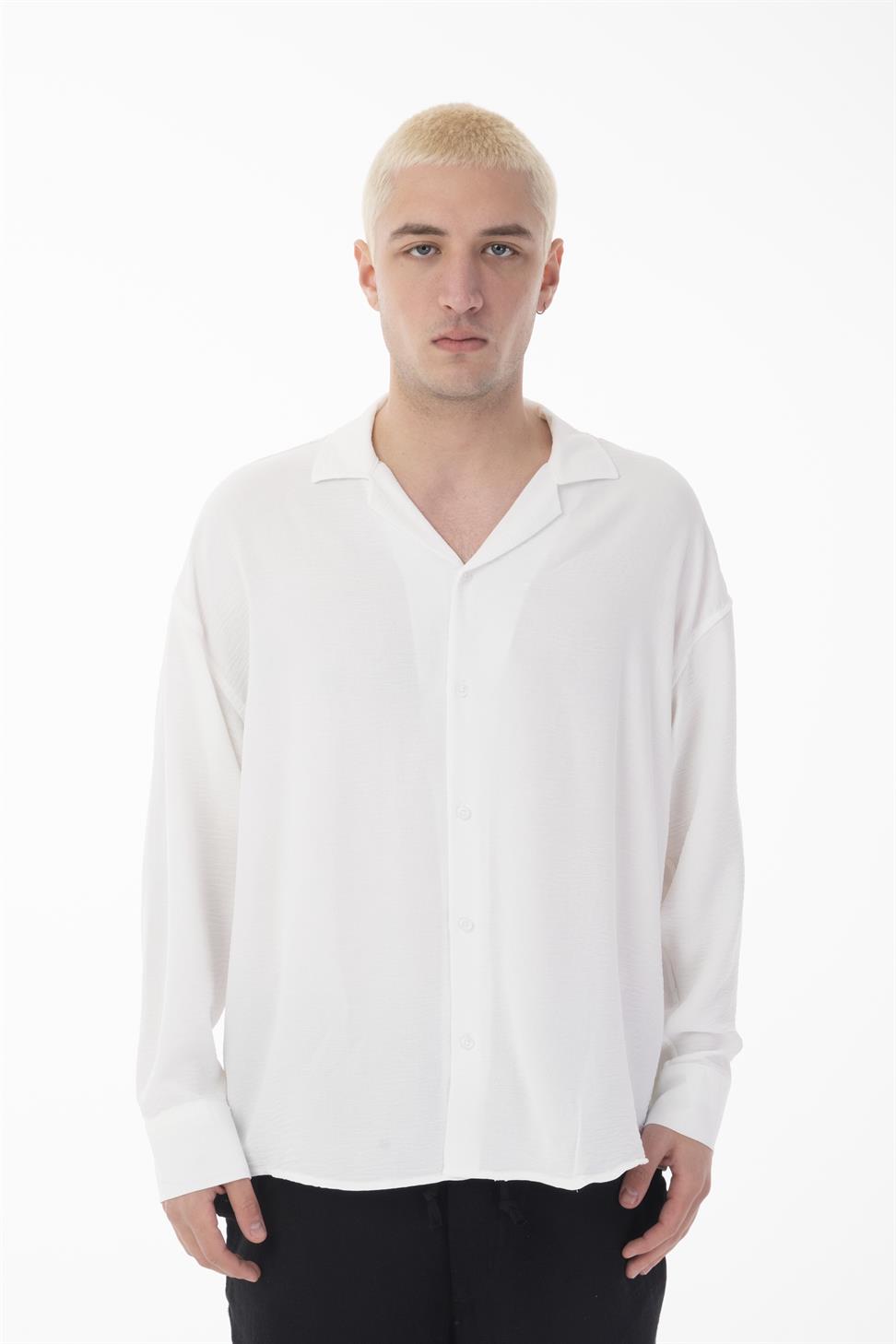 R-3575 Men’s Oversize Long Sleeve Polyester Aerobin Shirt – Cuban Collar, Relaxed Fit