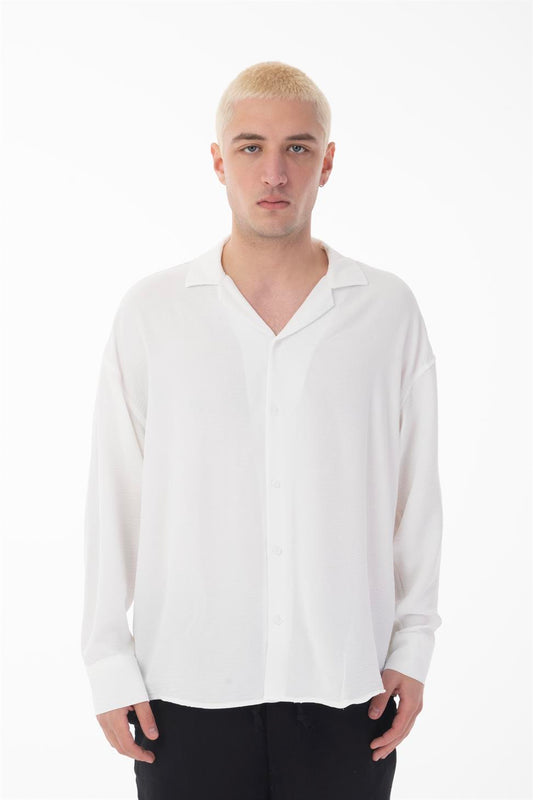 R-3575 Men’s Oversize Long Sleeve Polyester Aerobin Shirt – Cuban Collar, Relaxed Fit