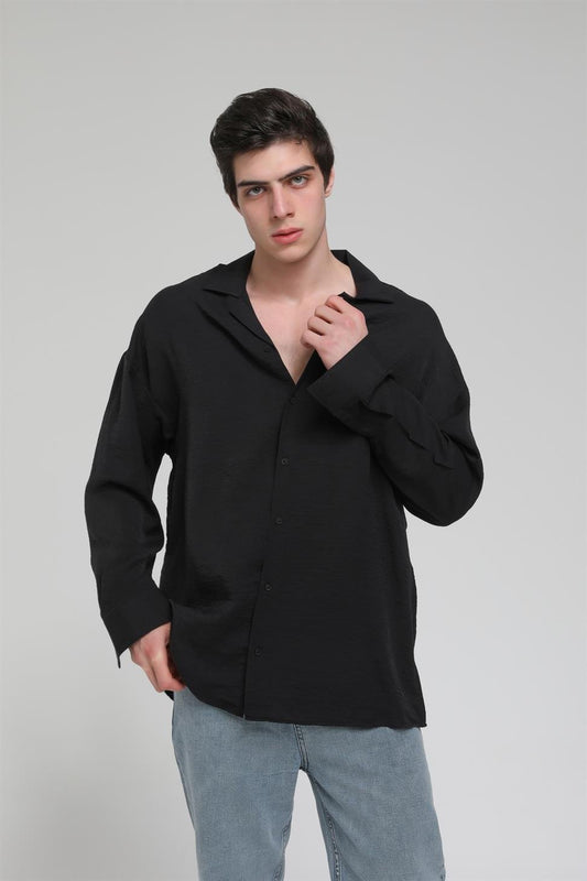 R-3575 Men’s Oversize Long Sleeve Polyester Aerobin Shirt – Cuban Collar, Relaxed Fit
