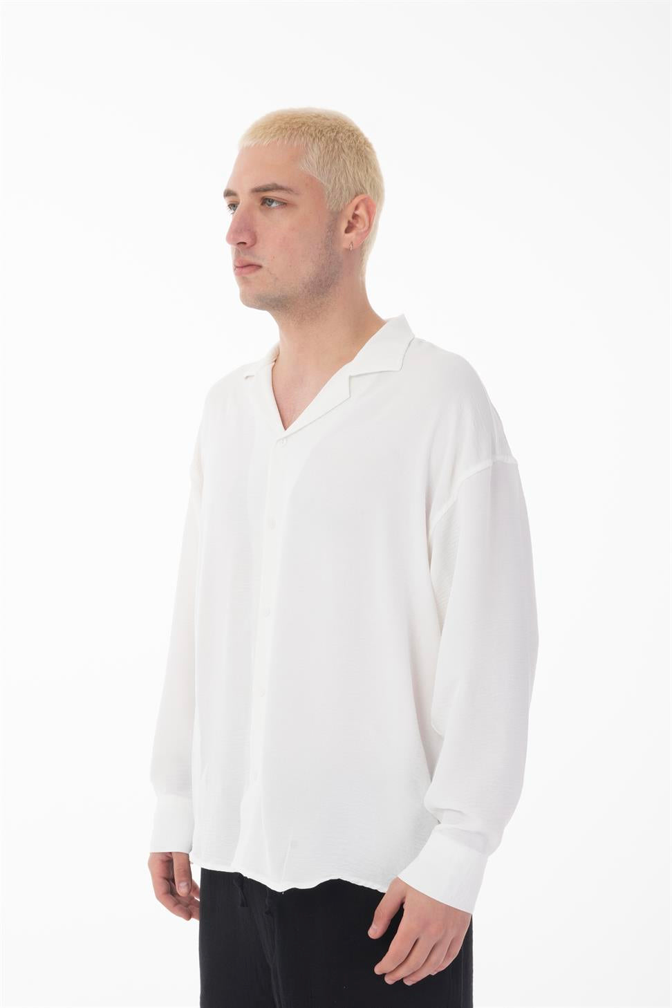 R-3575 Men’s Oversize Long Sleeve Polyester Aerobin Shirt – Cuban Collar, Relaxed Fit