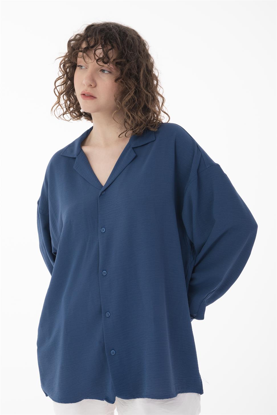 R-3575 Men’s Oversize Long Sleeve Polyester Aerobin Shirt – Cuban Collar, Relaxed Fit