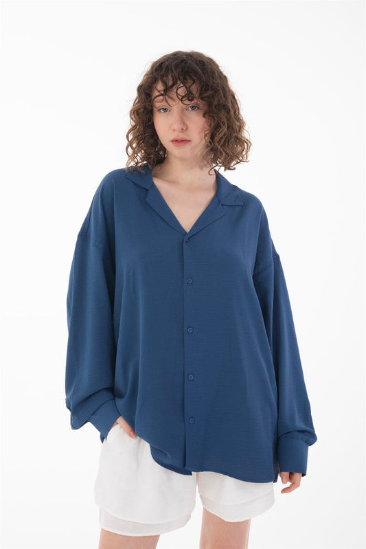 R-3575 Men’s Oversize Long Sleeve Polyester Aerobin Shirt – Cuban Collar, Relaxed Fit