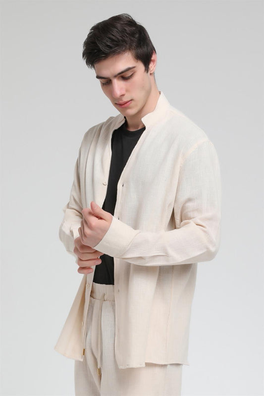 R-3608 Hakim V Yaka Uzun Kol Oversize Keten Karışımlı Gömlek