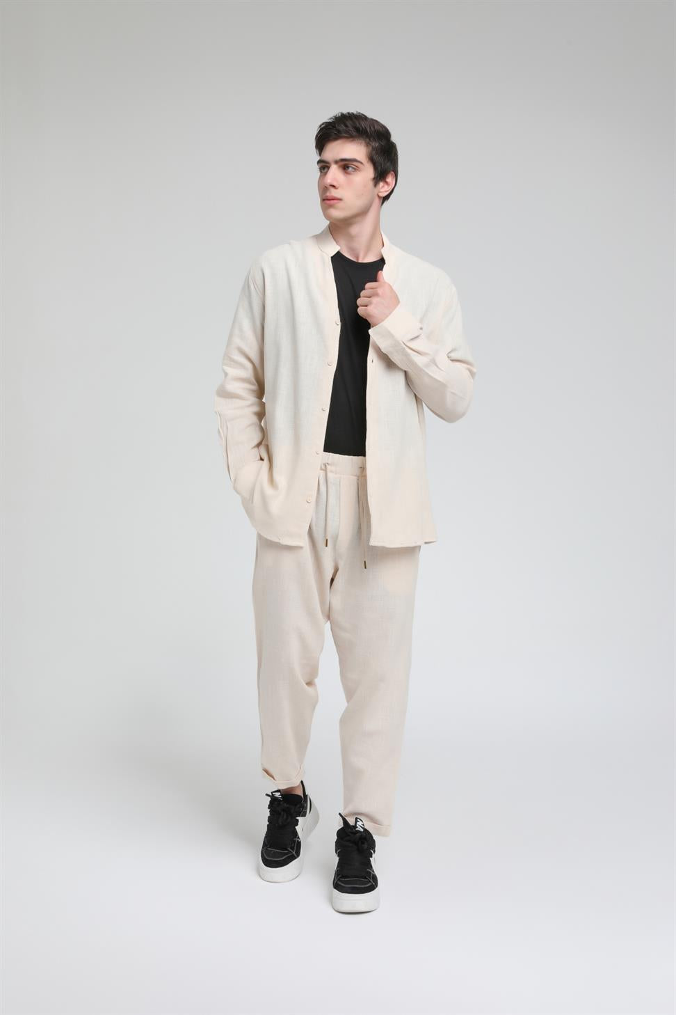 R-3608 Hakim V Yaka Uzun Kol Oversize Keten Karışımlı Gömlek