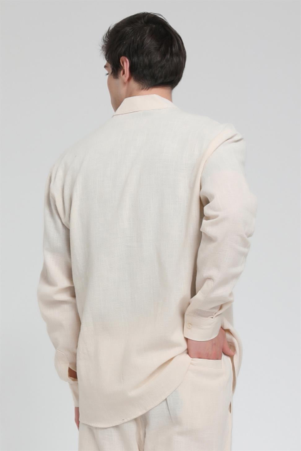 R-3608 Hakim V Yaka Uzun Kol Oversize Keten Karışımlı Gömlek