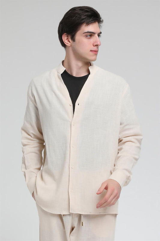 R-3608 Hakim V Yaka Uzun Kol Oversize Keten Karışımlı Gömlek