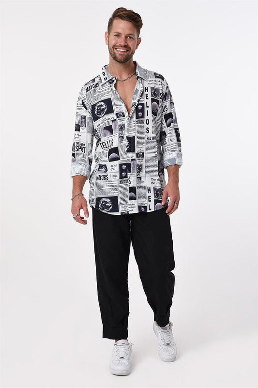 R-3652 Newspaper Print Stand Collar Hidden Placket Long Sleeve Shirt