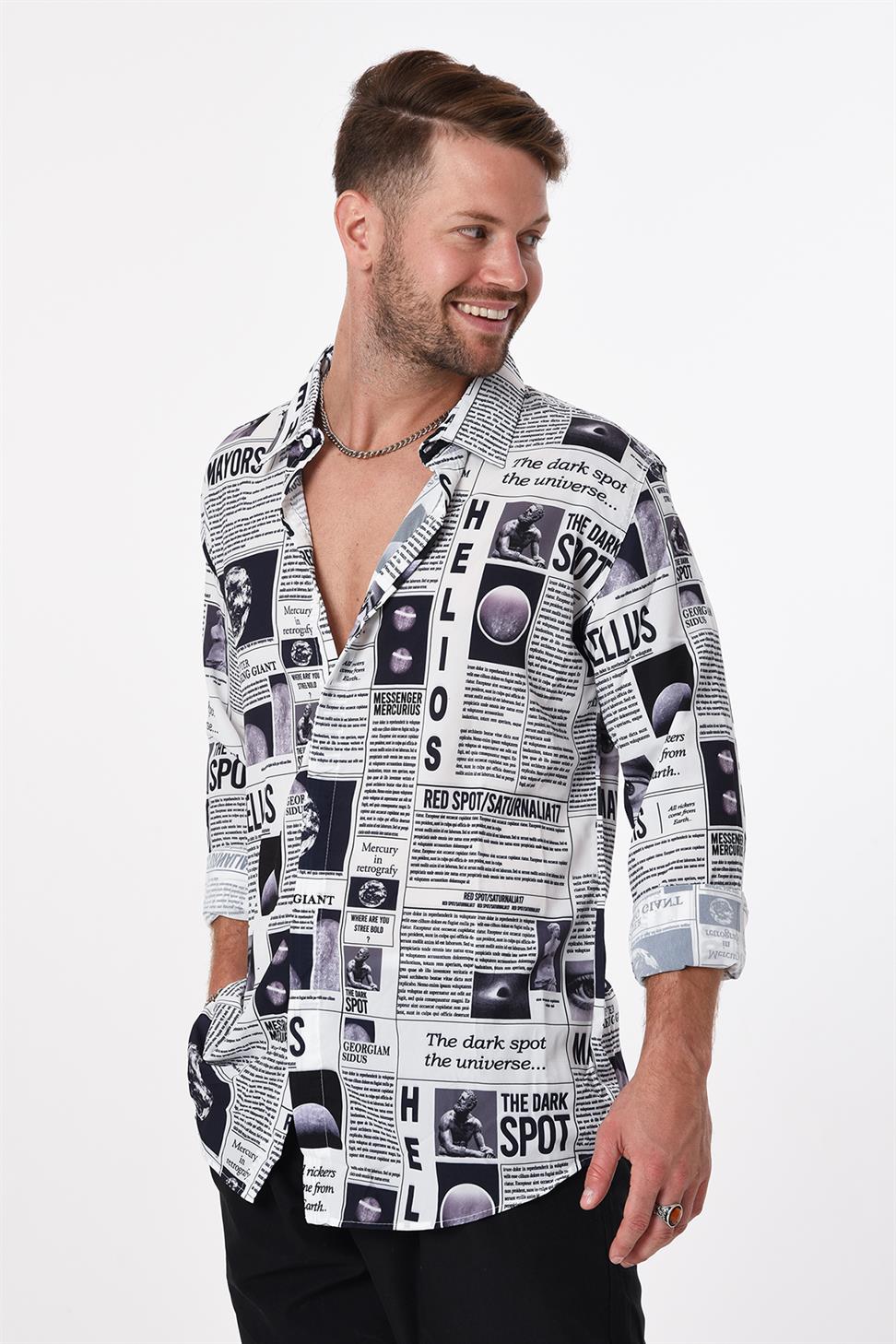 R-3652 Newspaper Print Stand Collar Hidden Placket Long Sleeve Shirt