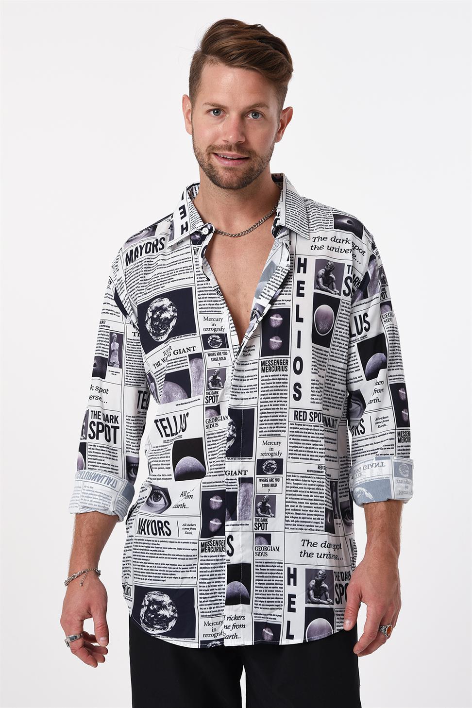 R-3652 Newspaper Print Stand Collar Hidden Placket Long Sleeve Shirt