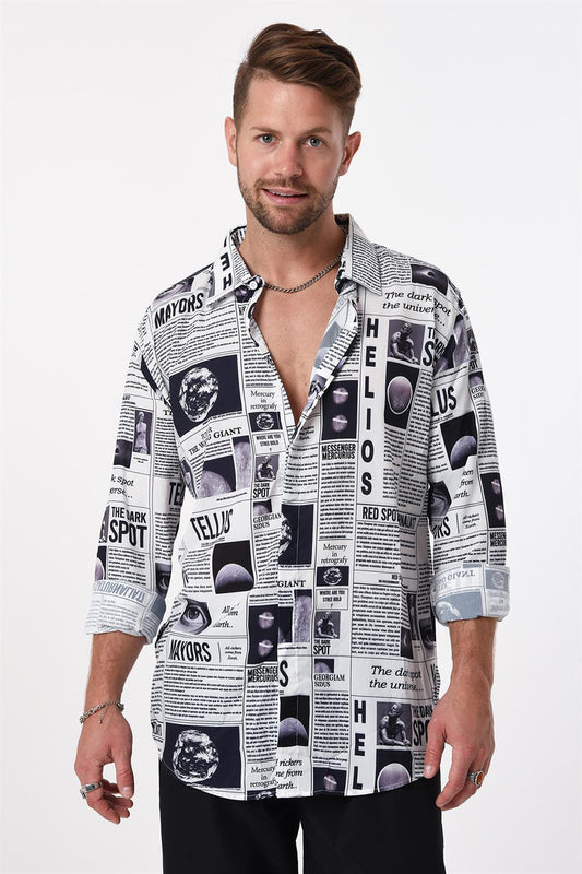 R-3652 Newspaper Print Stand Collar Hidden Placket Long Sleeve Shirt
