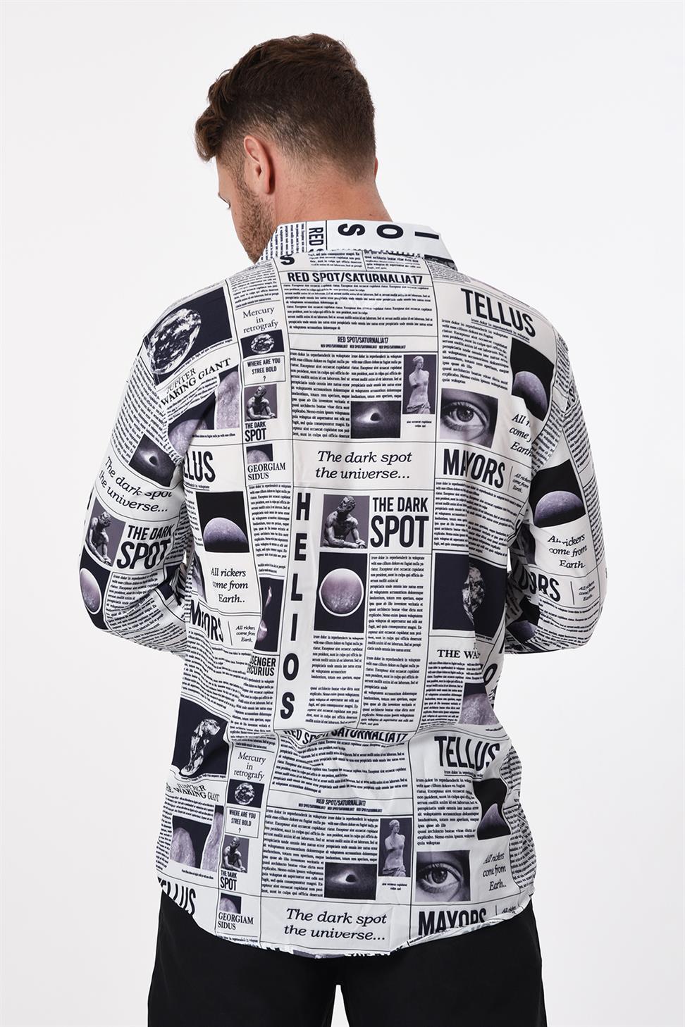 R-3652 Newspaper Print Stand Collar Hidden Placket Long Sleeve Shirt
