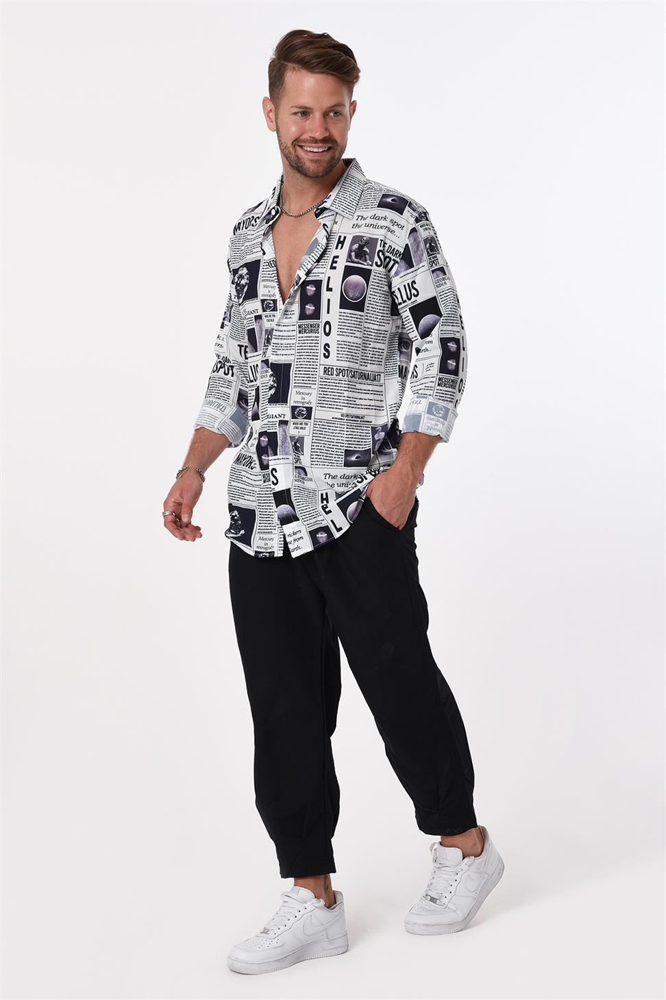 R-3652 Newspaper Print Stand Collar Hidden Placket Long Sleeve Shirt
