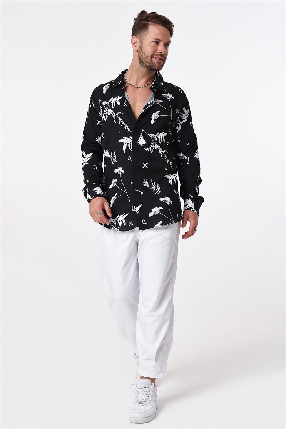 R-3653 Leaf Print Stand Collar Hidden Placket Long Sleeve Shirt