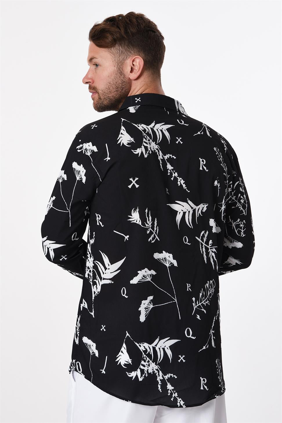 R-3653 Leaf Print Stand Collar Hidden Placket Long Sleeve Shirt