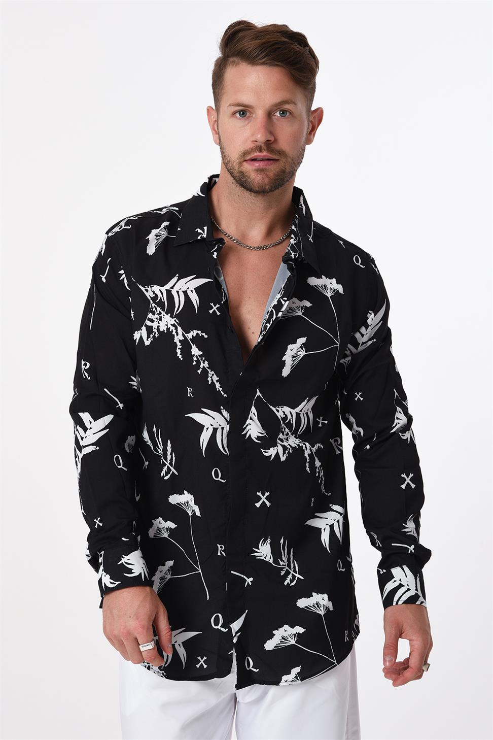 R-3653 Leaf Print Stand Collar Hidden Placket Long Sleeve Shirt