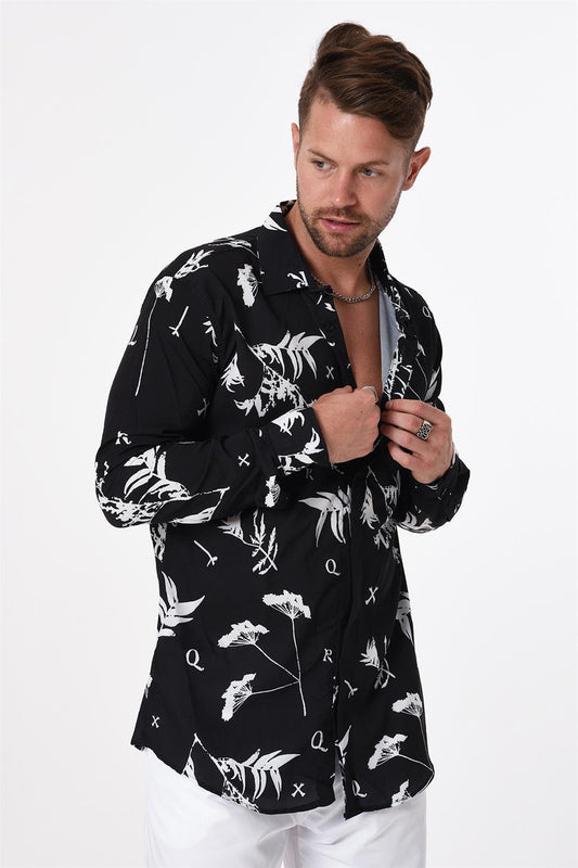 R-3653 Leaf Print Stand Collar Hidden Placket Long Sleeve Shirt