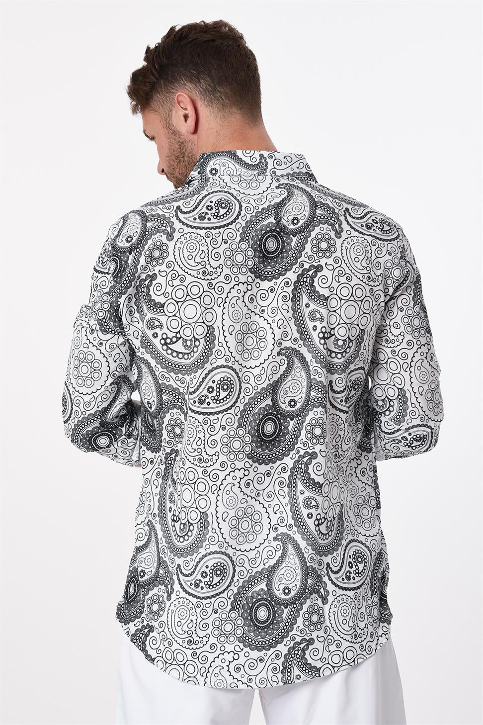 R-3654 Paisley Print Stand Collar Hidden Placket Long Sleeve Shirt