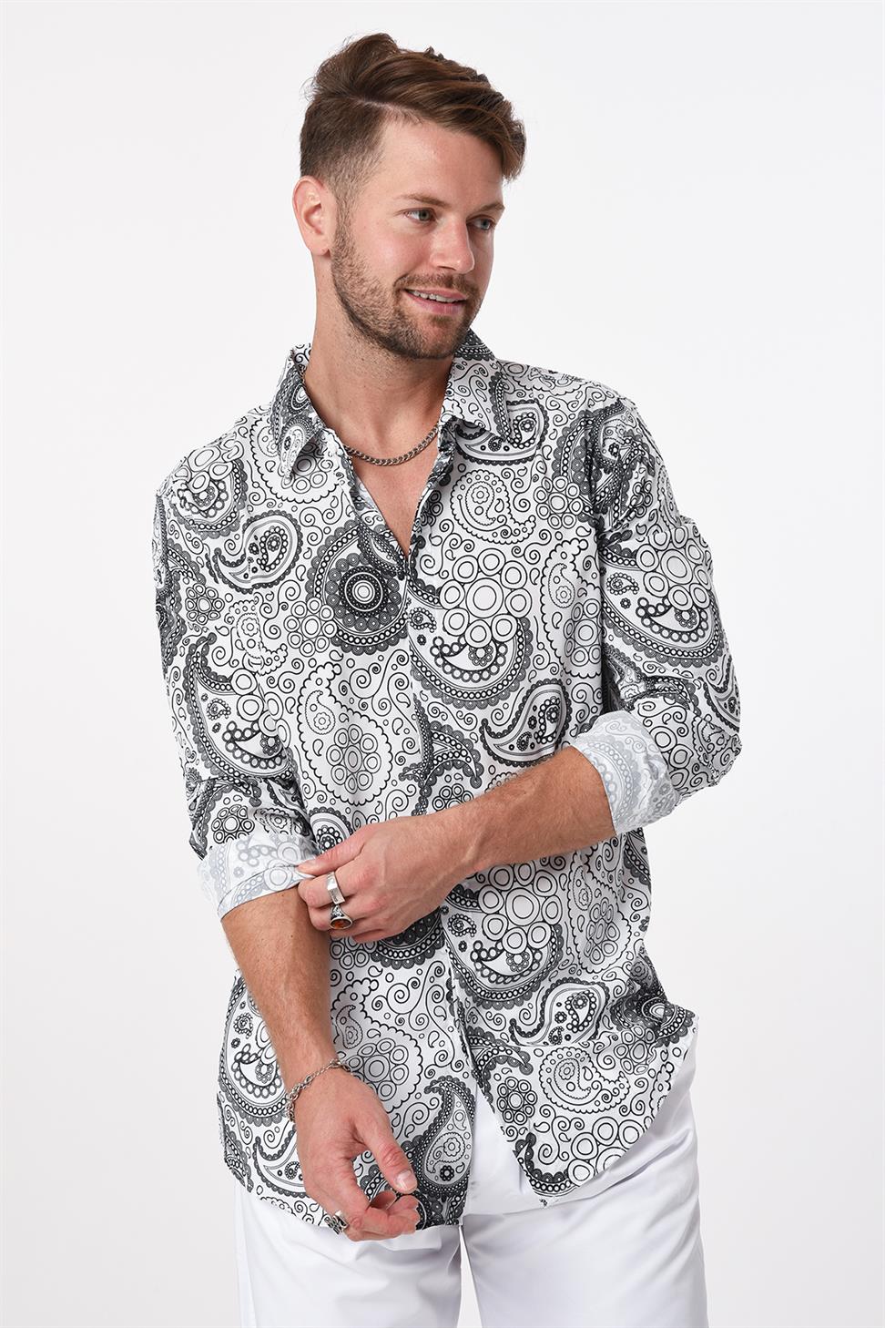R-3654 Paisley Print Stand Collar Hidden Placket Long Sleeve Shirt