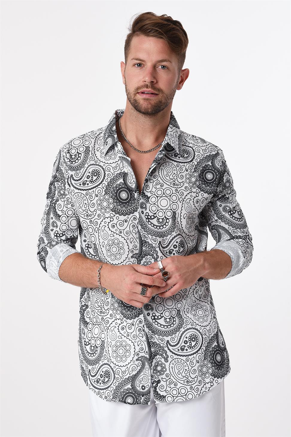 R-3654 Paisley Print Stand Collar Hidden Placket Long Sleeve Shirt