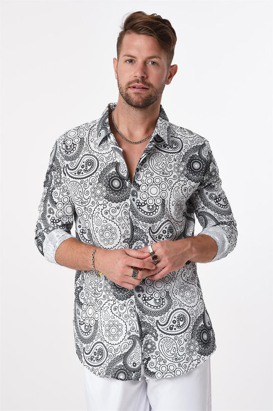 R-3654 Paisley Print Stand Collar Hidden Placket Long Sleeve Shirt