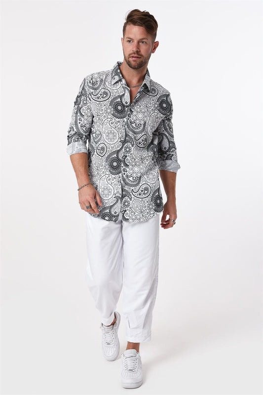 R-3654 Paisley Print Stand Collar Hidden Placket Long Sleeve Shirt