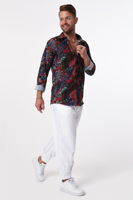 R-3655 Colorful Paisley Stand Collar Hidden Placket Long Sleeve Shirt