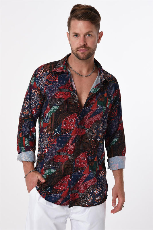 R-3655 Colorful Paisley Stand Collar Hidden Placket Long Sleeve Shirt