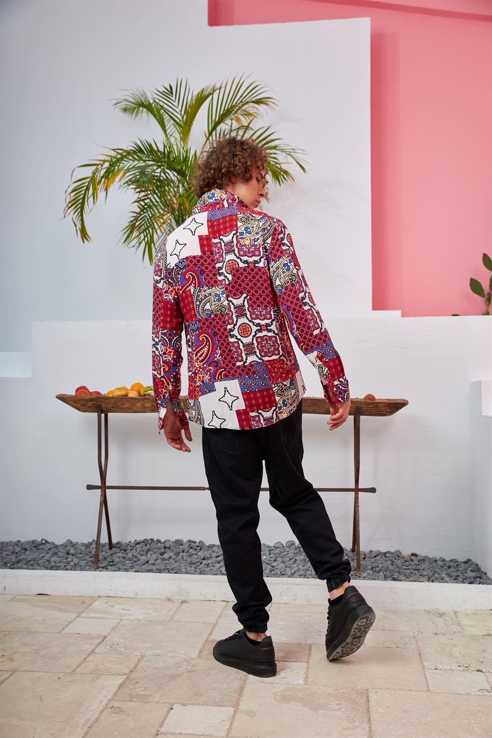 R-3678 Renkli Kilim Desen Gizli Pat Uzun Kolu Gömlek