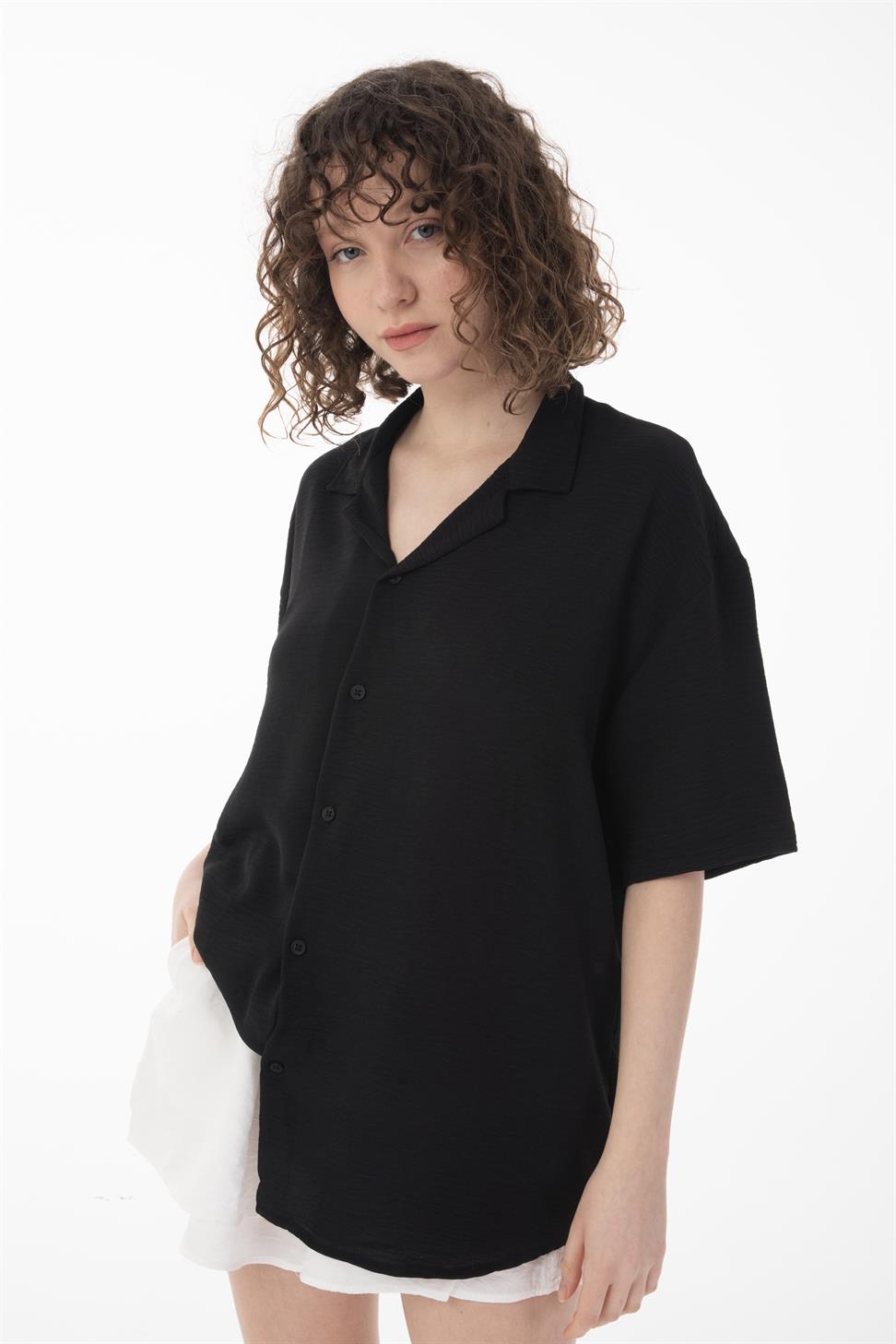 R-3737 R-3737 Unisex 100% Polyester Aerobin Shirt – Black Short Sleeve with Relaxed Oversize Fit