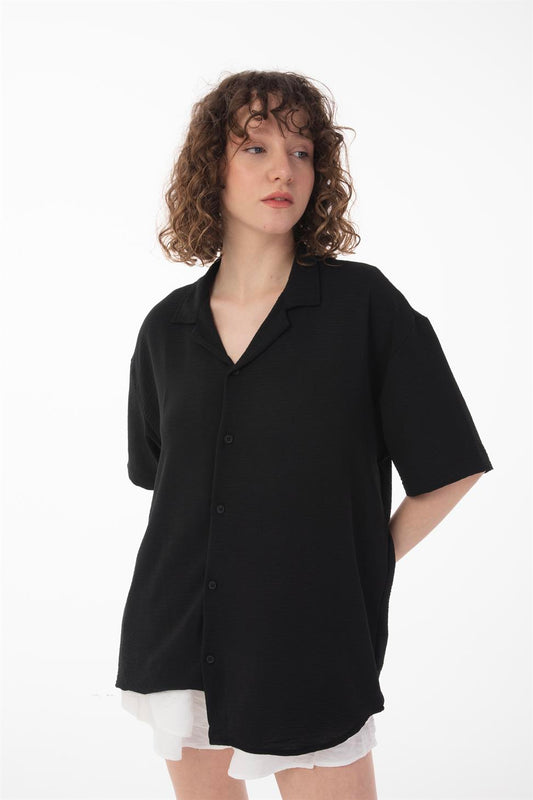 R-3737 R-3737 Unisex 100% Polyester Aerobin Shirt – Black Short Sleeve with Relaxed Oversize Fit