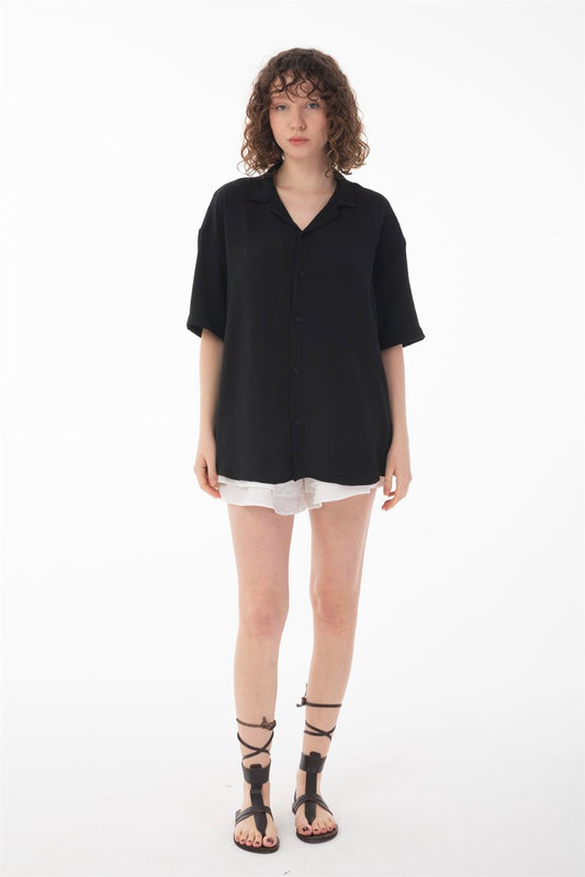 R-3737 R-3737 Unisex 100% Polyester Aerobin Shirt – Black Short Sleeve with Relaxed Oversize Fit