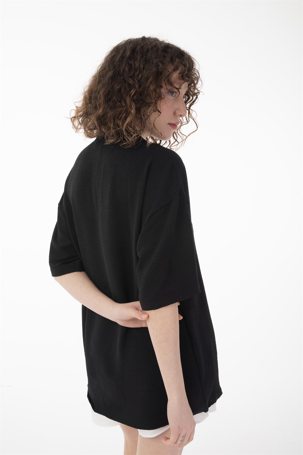 R-3737 R-3737 Unisex 100% Polyester Aerobin Shirt – Black Short Sleeve with Relaxed Oversize Fit