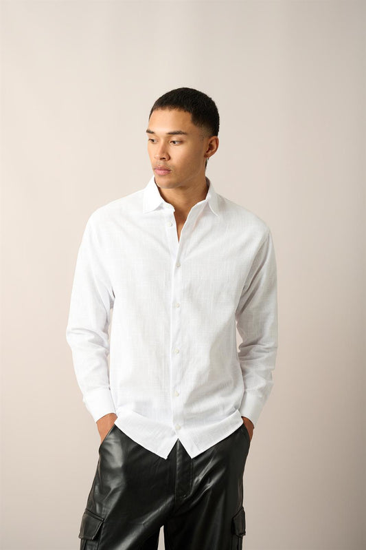 R-3780 Men’s 100% Cotton Linen Shirt – Classic White Long Sleeve, Breathable & Lightweight