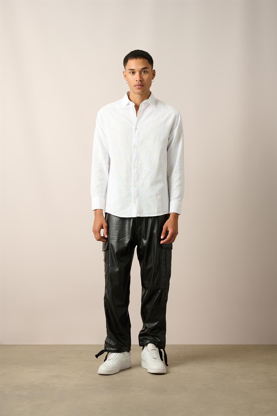 R-3780 Men’s 100% Cotton Linen Shirt – Classic White Long Sleeve, Breathable & Lightweight