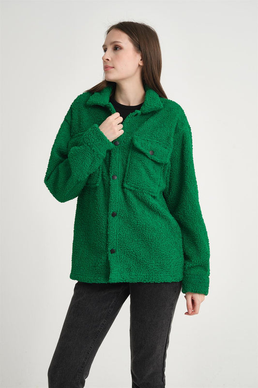 R-3837 Peluş Çift Cep Kapaklı Gömlek