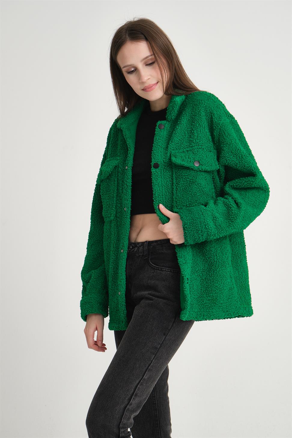 R-3837 Peluş Çift Cep Kapaklı Gömlek