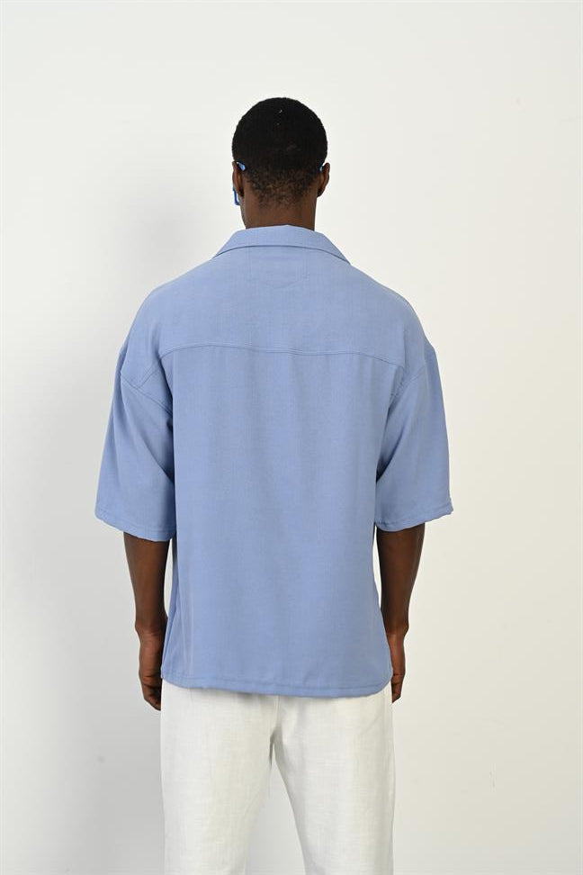 R-3960 Apach Collar Short Sleeve Shirt with Front Placket – Blue