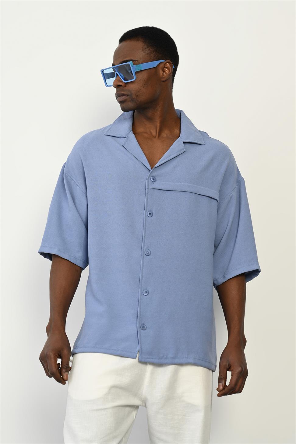 R-3960 Apach Collar Short Sleeve Shirt with Front Placket – Blue