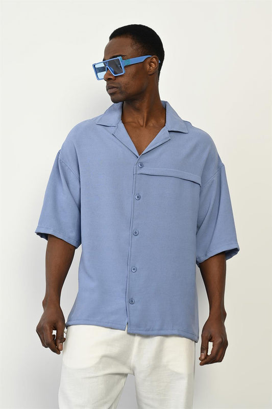 R-3960 Apach Collar Short Sleeve Shirt with Front Placket – Blue