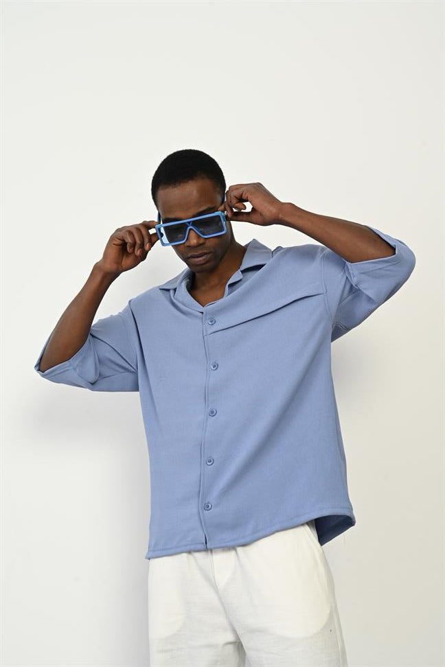 R-3960 Apach Collar Short Sleeve Shirt with Front Placket – Blue