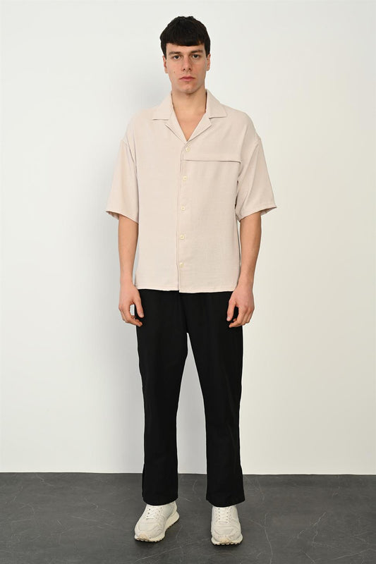 R-3960 Apach Collar Short Sleeve Shirt with Front Placket – Stone