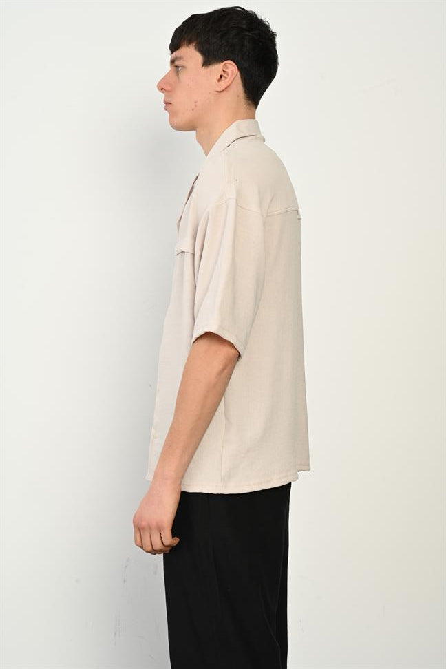 R-3960 Apach Collar Short Sleeve Shirt with Front Placket – Stone