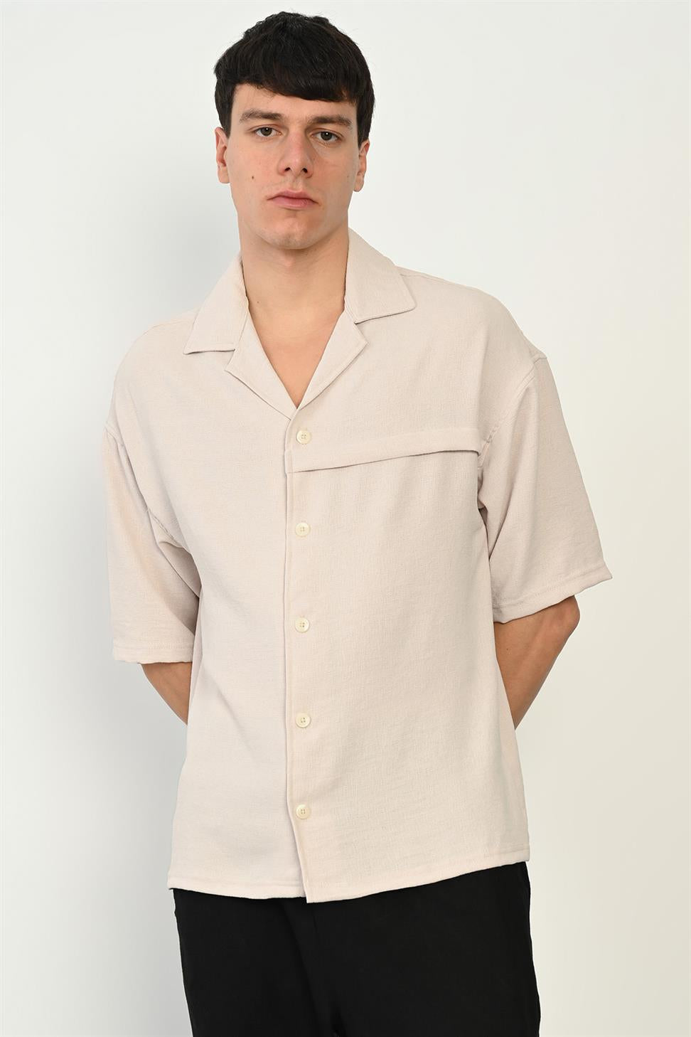 R-3960 Apach Collar Short Sleeve Shirt with Front Placket – Stone