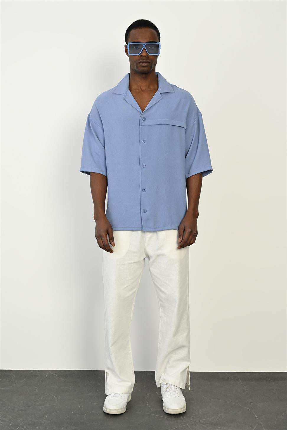 R-3960 Apach Collar Short Sleeve Shirt with Front Placket – Blue
