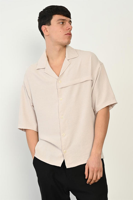 R-3960 Apach Collar Short Sleeve Shirt with Front Placket – Stone