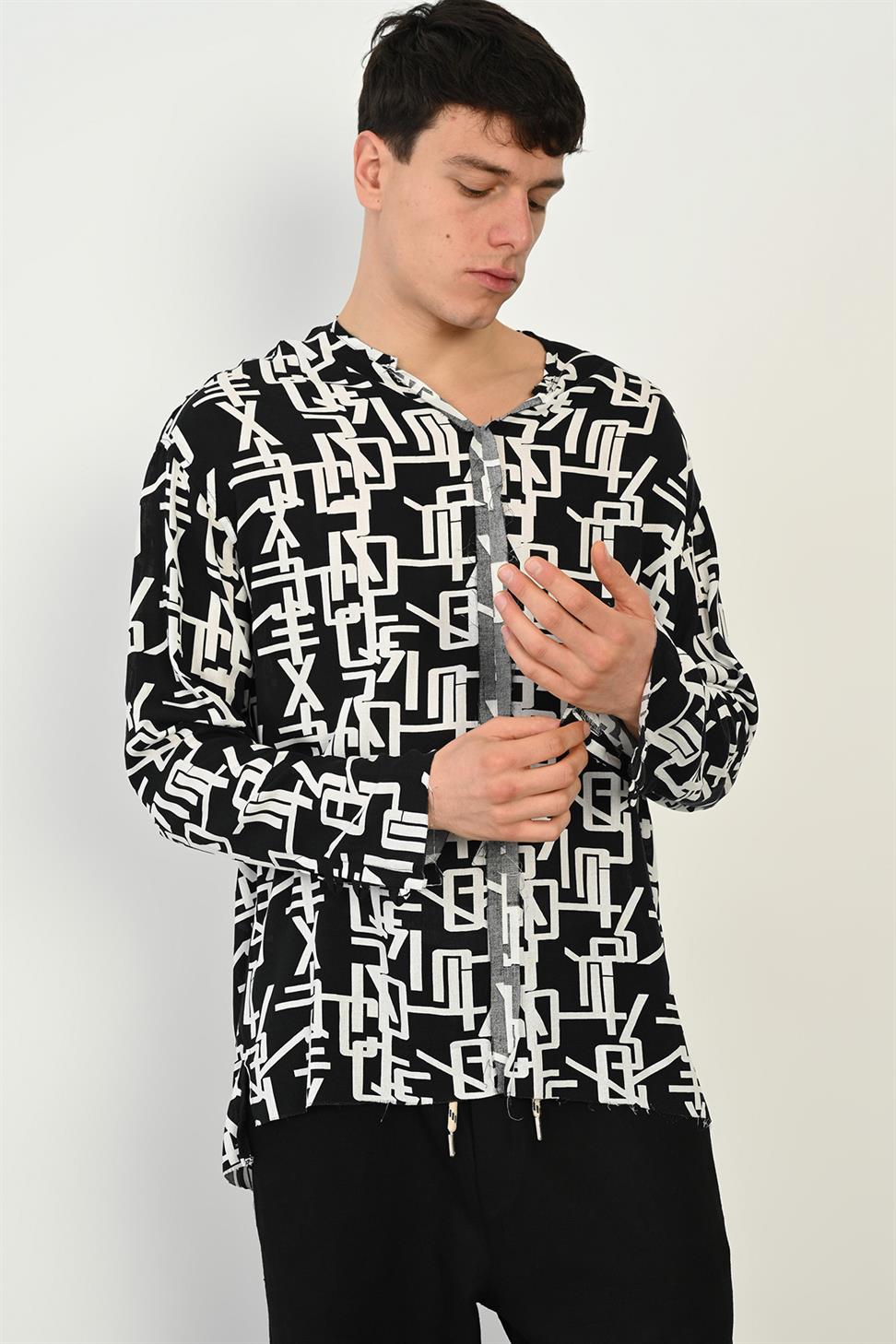 R-3976 Men’s Raw Stitch Detail Long Sleeve Digital Print Buttonless Shirt